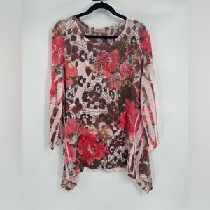 Cactus Fashion  Cherry Blossom, 3/4 Sleeve Scoop Neck Sublimation Tunic Sz Large